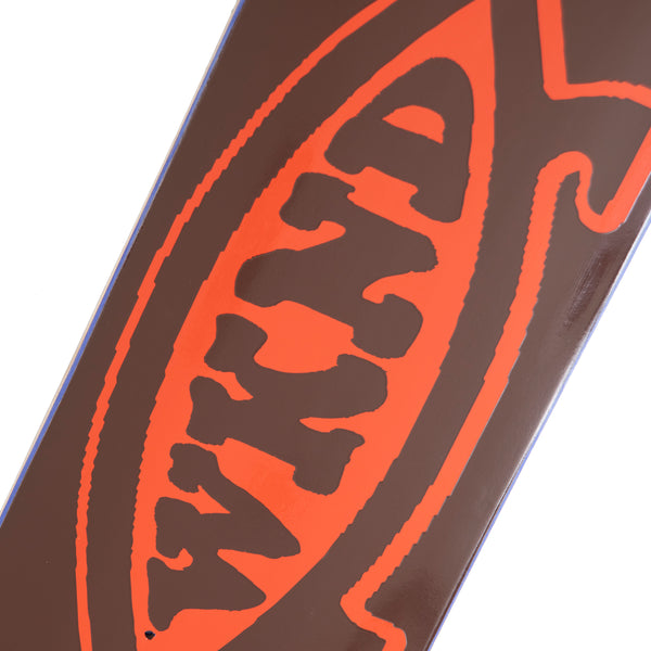 A WKND EVO FISH BROWN snowboard with the word dwn on it, designed with the WKND Team Board.