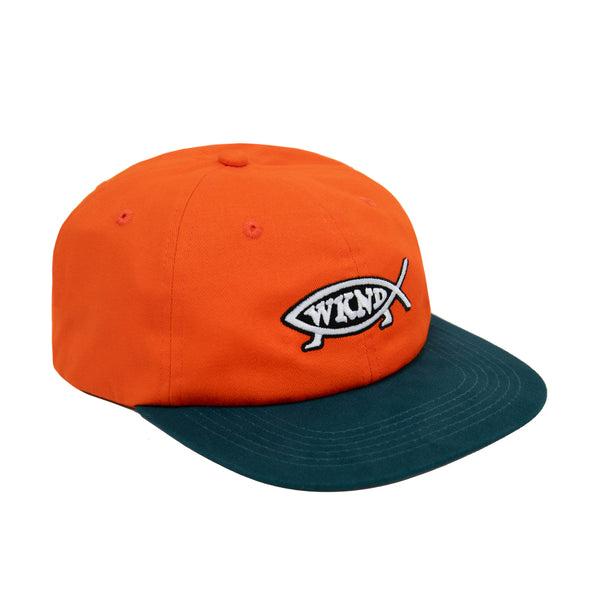 An WKND EVO FISH HAT ORANGE / GREEN made of Brushed Cotton with a WKND logo.