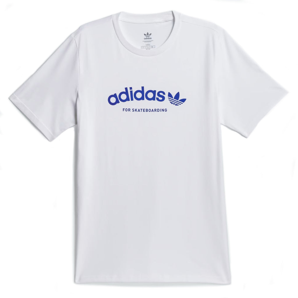 White ADIDAS SKATEBOARDING 4.0 ARCHED LOGO TEE with a blue logo, displayed on a plain background.