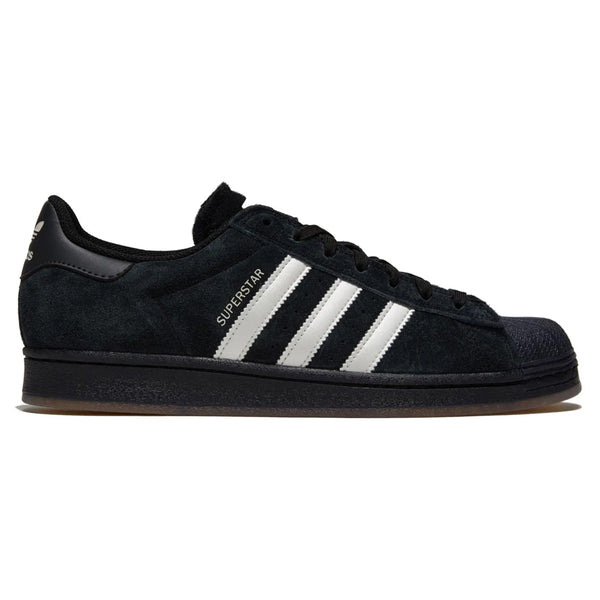 Sentence with replaced product:
Black ADIDAS SUPERSTAR ADV BLACK / ZERO METALLIC / SPARK sneaker with white stripes on the side, displayed against a white background.