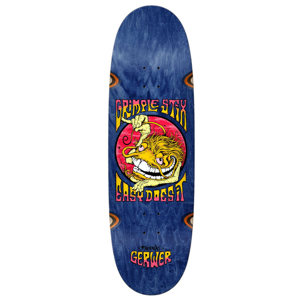 A GRIMPLE STIX GERWER ASPHALT ANIMALS skateboard deck with a tiger image on it, featuring a custom twin-nose shape by ANTIHERO.