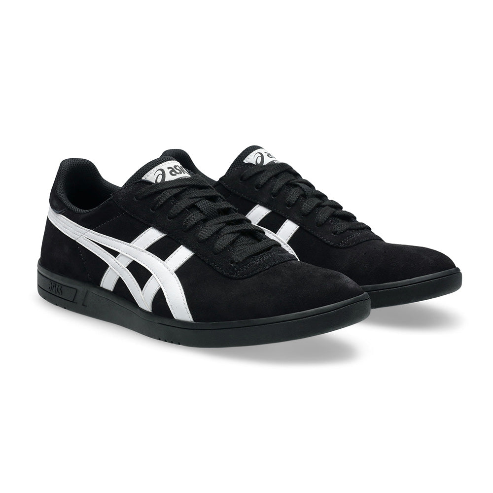 The ASICS GEL-VICKKA PRO BLACK / BRIGHT WHITE sneakers feature classic white stripes, black laces, and GEL technology for comfort—perfect skateboarding shoes from ASICS, shown on a white background.