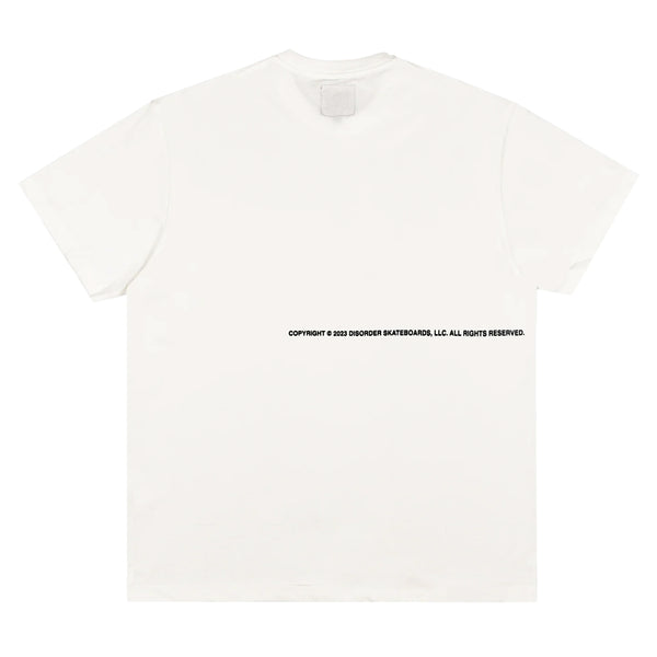 A Disorder DARK EYES TEE WHITE t-shirt with a black line on it.