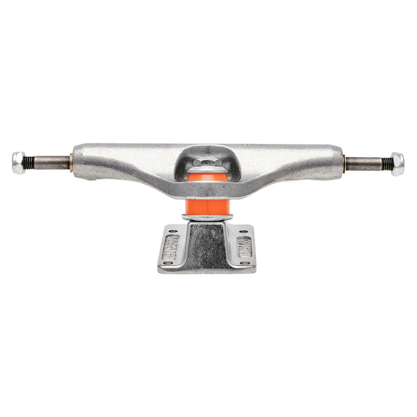 A set of INDEPENDENT MID 144 FORGED HOLLOW TRUCKS (SET OF TWO) with an orange bushing, viewed from the front. The forged baseplate ensures durability, while the hollow axle offers a lightweight feel for better performance.