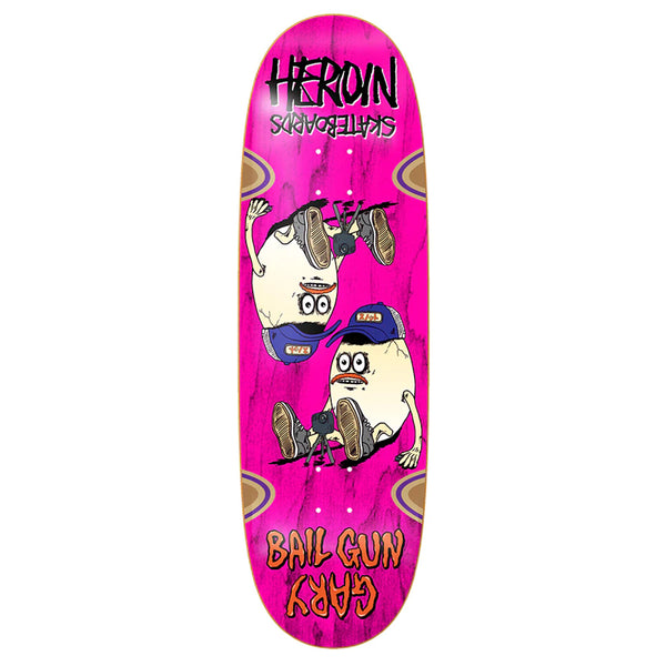 A pink skateboard deck crafted from North American Hard Rock Maple, featuring graffiti-style graphics with cartoonish characters and the text "HEROIN," "BAIL GUN GARY 4," and "sanjosexlips.