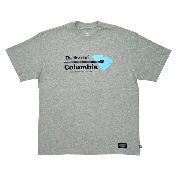 Ash tee with "the heart of Columbia" text and a BLUETILE HEART OF COLUMBIA graphic design by Bluetile Skateboards.