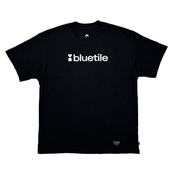 Bluetile Skateboards BLUETILE PUFF LOGO TEE BLACK with a hand screen printed "BLUETILE PUFF LOGO" on the chest.