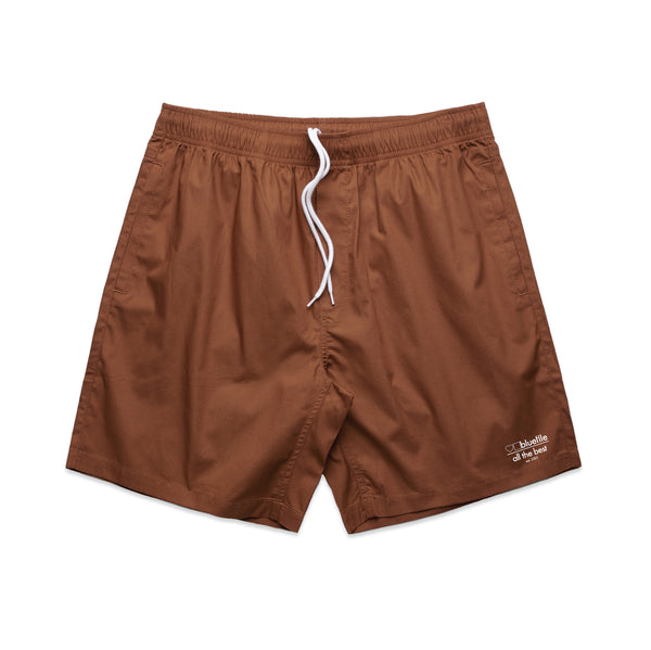 The Bluetile Skateboards men's beach shorts with an elastic waistband on a white background, called the BLUETILE SURPLUS V2 BEACH SHORT CLAY.