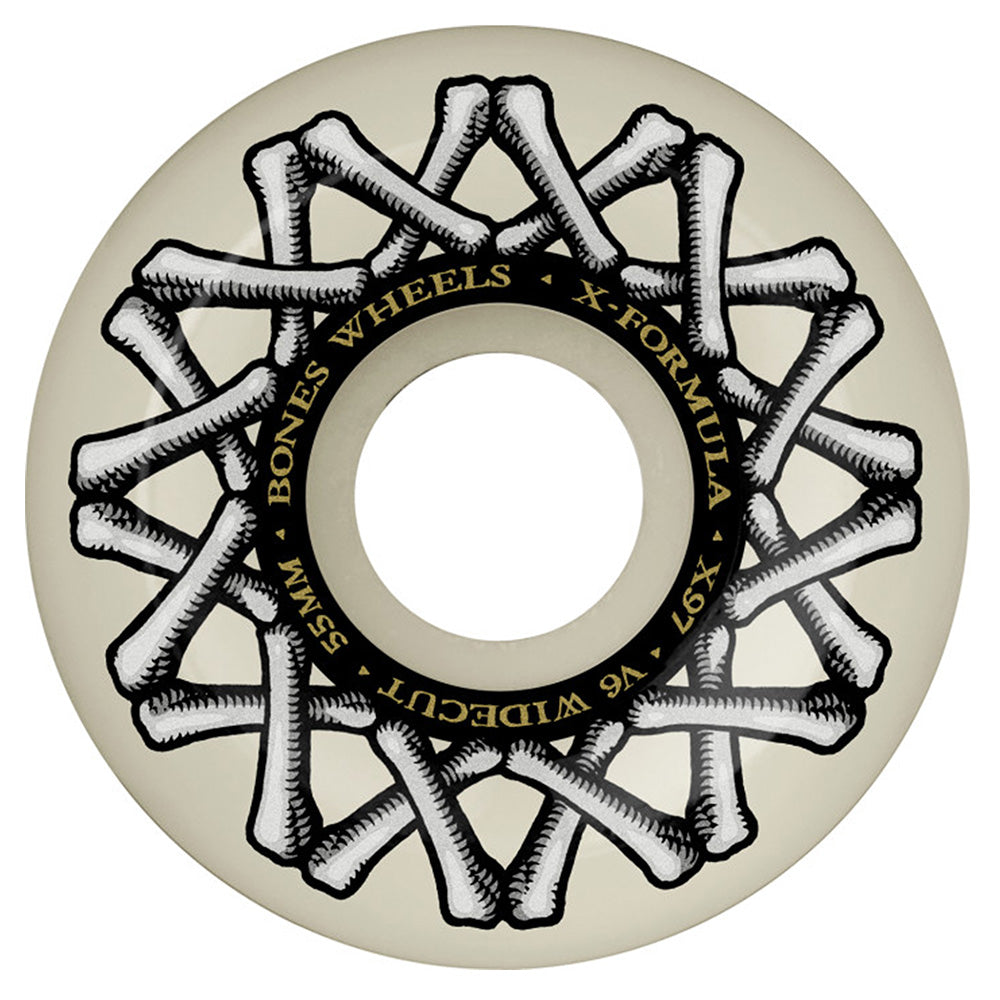 A white BONES X-FORMULA V6 WIDECUTS 55MM 97A wheel with a black bone pattern and text—high rebound skate wheels from BONES, designed for responsive rides.