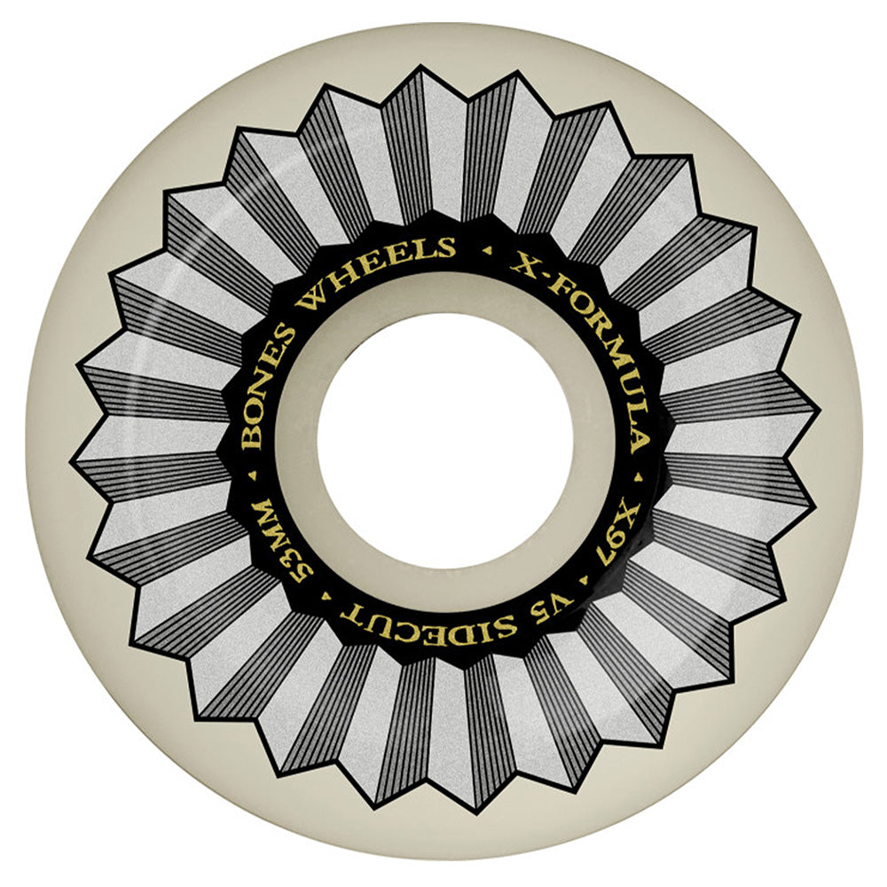 The BONES X-FORMULA V5 SIDECUT 53MM 97A SILVER skateboard wheel boasts a geometric black and white design, designed for high rebound performance and durability in intense riding sessions.
