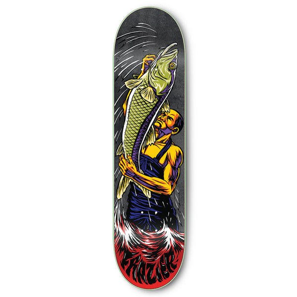 Graphic STRANGE LOVE MIKE FRAZIER skateboard deck featuring an illustration of a muscular man in a blue tank top embracing a large fish, set against a stylized wave background, created using heat transfer technology.