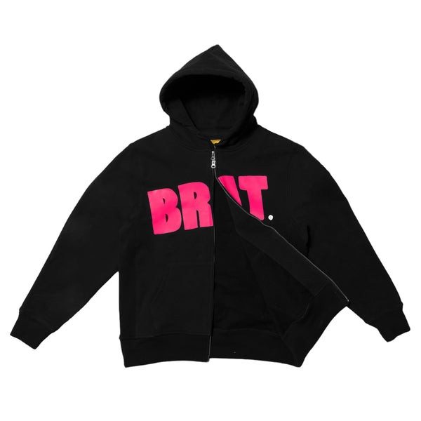 Black zip hoodie with the word "brat" in pink letters on the front, displayed flat against a white background - Carpet Co. Brat Logo Zip Hoodie in Black.