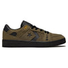 Side view of a dark olive CONVERSE CONS ALEXIS AS-1 PRO GREEN / ALMOST BLACK sneaker with star logo, featuring black soles and yellow detailing.