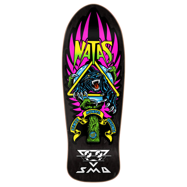 A concave skateboard deck with the words satan on it, by SANTA CRUZ NATAS PANTHER LENTICULAR REISSUE.