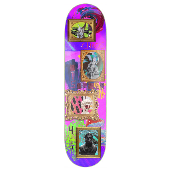 A colorful shaped skateboard deck featuring a vivid "chaos" text overlay and various artistic collage elements, including framed images and abstract designs from Disorder Skateboards.