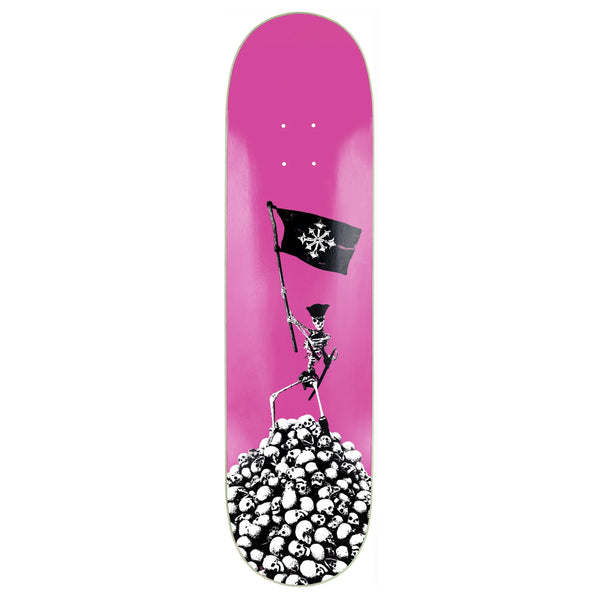 A vibrant pink Disorder Death Ride Deck featuring bold black and white graphics of a skeletal figure planting a flag atop a pile of skulls.