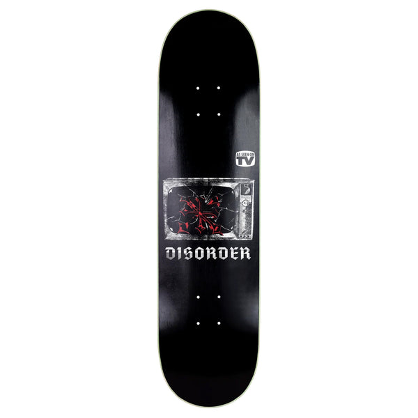 A black skateboard deck with the word "Disorder Skateboards" in white text and an image of broken glass and red lines on a central graphic.