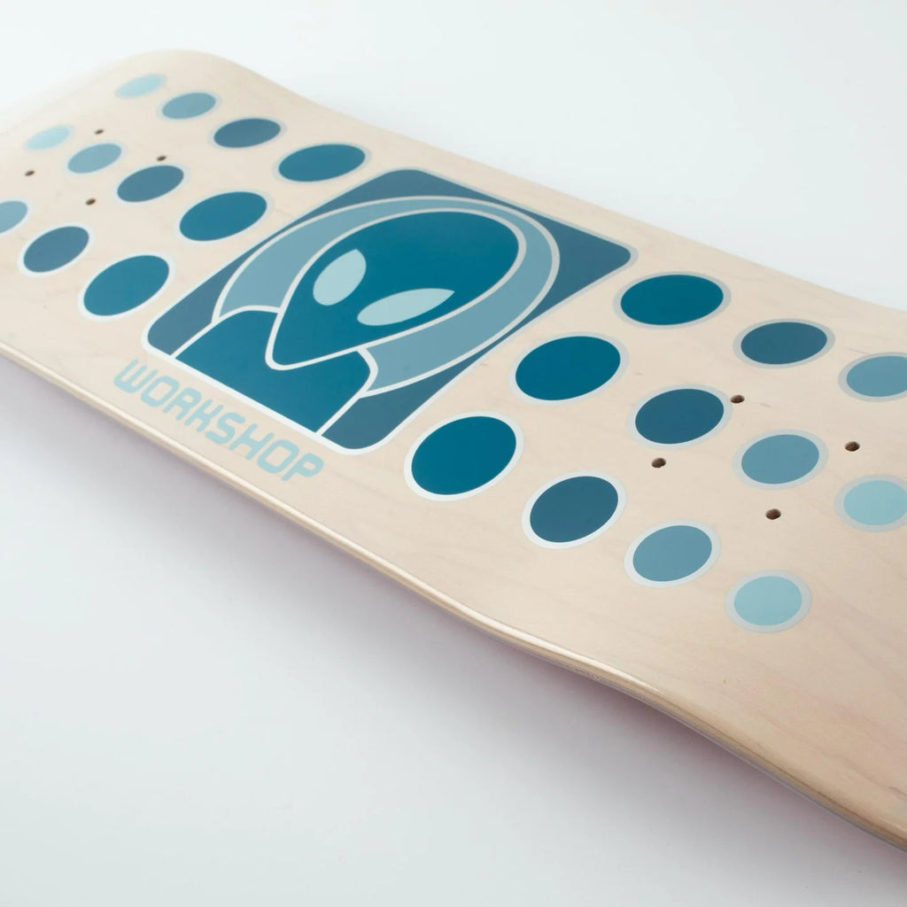 Longboard deck with ALIEN WORKSHOP DOT FADE WHITE WASH TWIN graphic and circular grip holes on white background.