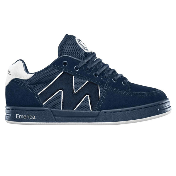 An EMERICA navy skate shoe with the letter m on it.