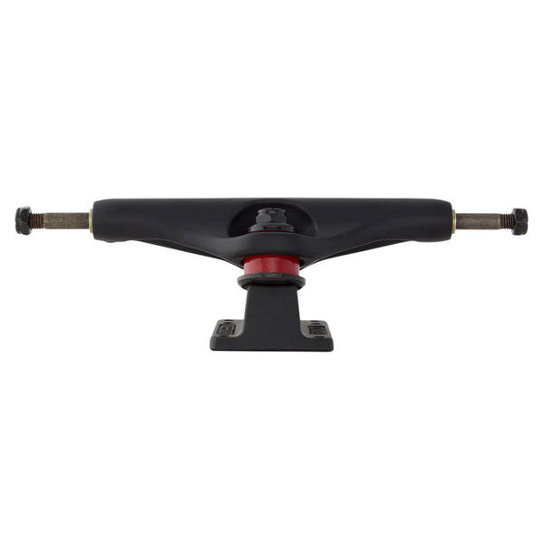 The INDEPENDENT STD 159 BAR FLAT BLACK TRUCKS (SET OF TWO) skateboard truck, crafted from durable aluminum alloy, features a striking red bushing and is shown in a side view on a pristine white background.