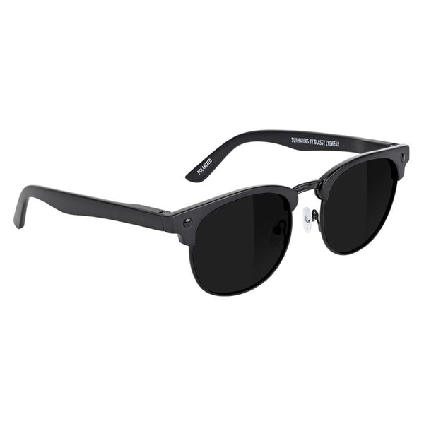 Black round-framed polarized sunglasses with silver hinges and "GLASSY MORRISON POLARIZED MATTE BLACK OUT" printed on the left arm.
