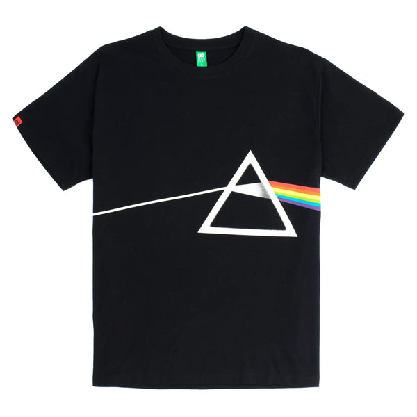 HABITAT X PINK FLOYD DARK SIDE OF THE MOON TEE BLACK featuring a white triangle and a rainbow light spectrum design on the front, reminiscent of Pink Floyd's iconic style.