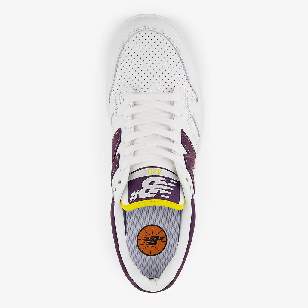 Top view of a NB NUMERIC 480 WHITE / PURPLE sneaker, featuring a basketball logo on the tongue and an ABZORB in-sole.