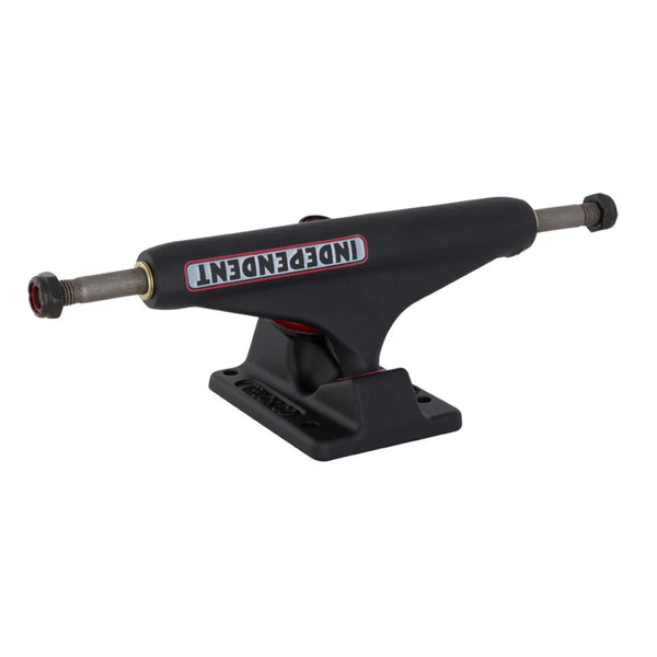 Image of an INDEPENDENT STD 139 BAR FLAT BLACK TRUCKS (SET OF TWO) with a black baseplate and hanger, featuring the red and white Independent logo on the hanger. The polished trucks shine brilliantly, adding a sleek touch to this reliable model.