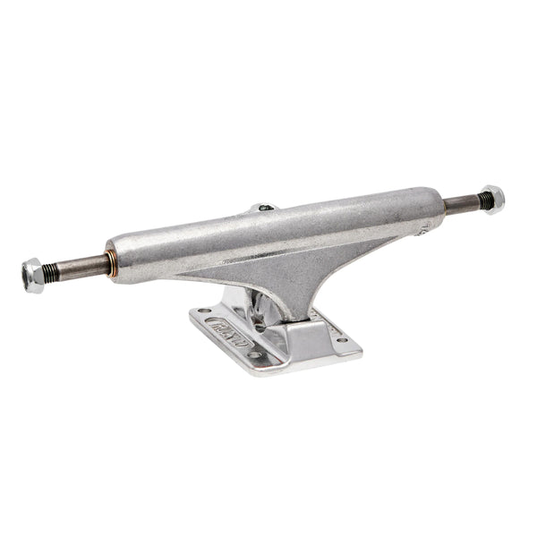 A single silver skateboard truck with a polished finish, featuring a lightweight hollow axle and a forged baseplate, complete with mounting holes: INDEPENDENT MID 144 FORGED HOLLOW TRUCKS (SET OF TWO) by INDEPENDENT.
