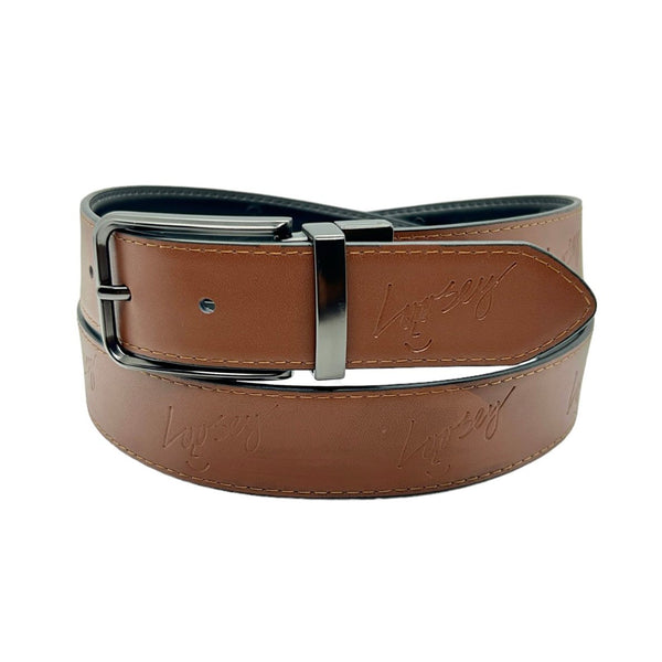 A Loosey luxury leather belt with a reversible buckle, the LOOSEY 2 AND 1 BELT BROWN / BLACK.