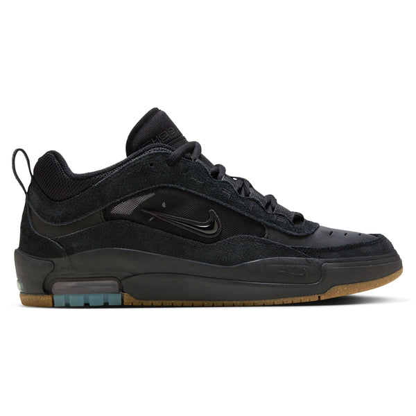 Side view of a black nike SB Ishod 2 Air Max sneaker with a visible air cushion window in the heel, set against a white background.