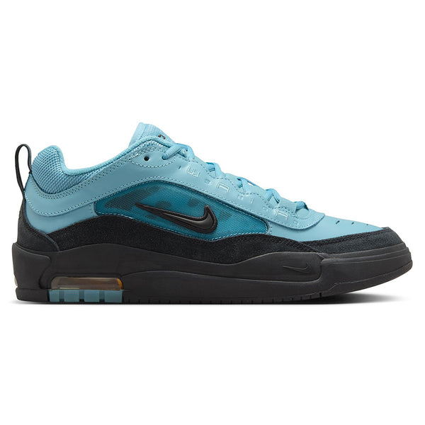 The NIKE SB ISHOD 2 AIR MAX sneakers in Denim Turqu/Black feature Max Air cushioning and a black Swoosh, ideal for hard skaters.