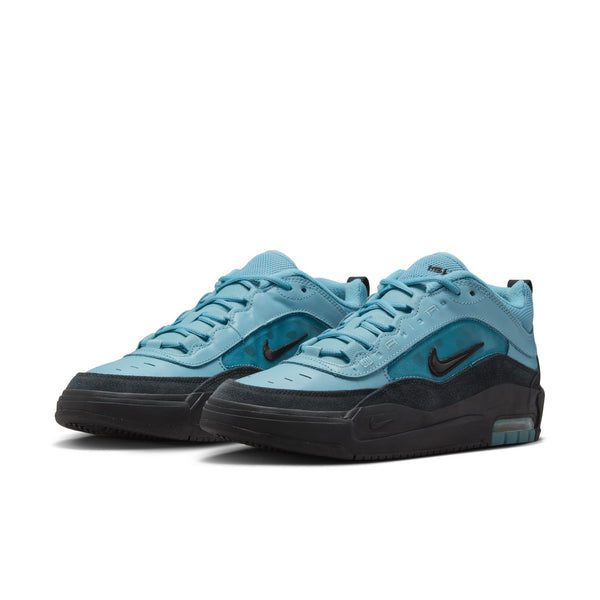 The NIKE SB ISHOD 2 AIR MAX DENIM TURQ / BLACK sneakers feature a teal and black design with a low-cut silhouette, visible swoosh logo, and Max Air cushioning for comfort, shown side by side on a white background.