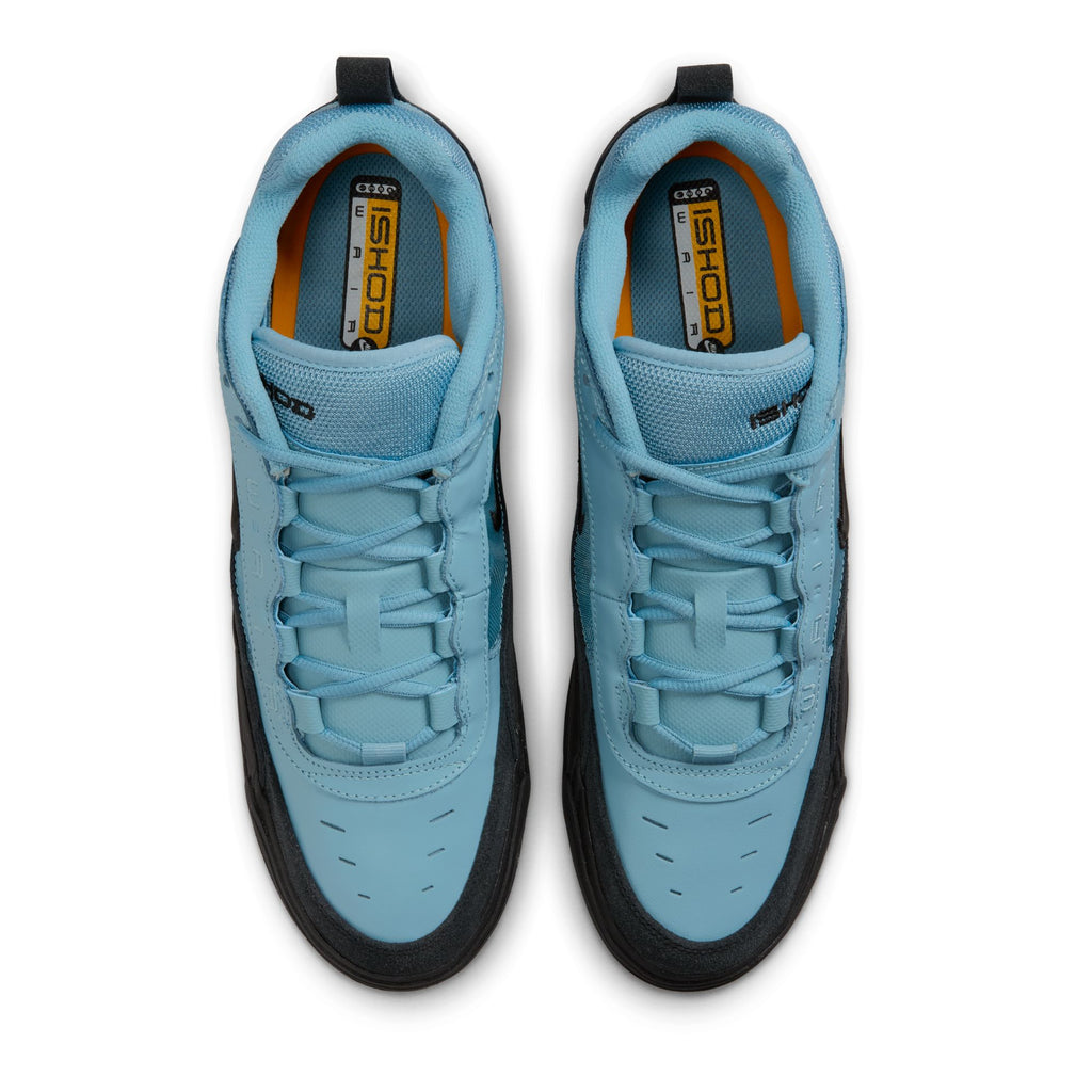 A top view of a pair of blue NIKE SB ISHOD 2 Air Max skateboard shoes with a black sole and heel tabs. The tongue boasts an eye-catching orange "ISHOD" label, blending style and function reminiscent of Air Max flair.