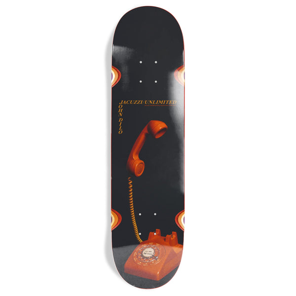 Black JACUZZI UNLIMITED skateboard deck featuring a vibrant graphic of a red vintage telephone against a cosmos-themed background.