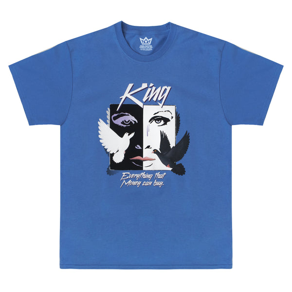 King Ultramarine t-shirt featuring a collage graphic design with a split face, angel and devil wings, and the text "king" and "everything that money can buy.
