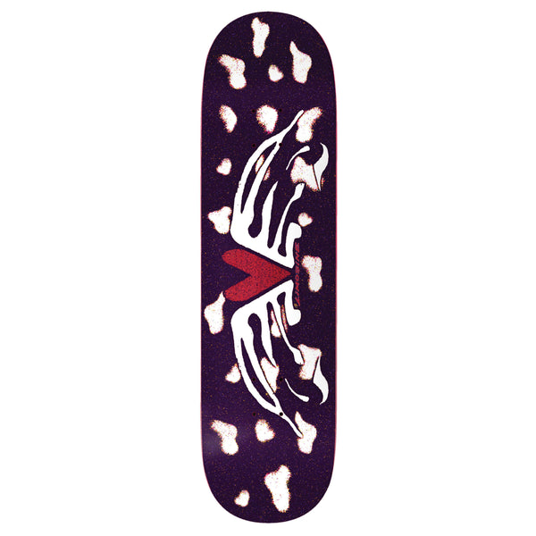 A LIMOSINE skateboard deck featuring a purple leopard print background with a central white and red Boserup abstract graphic design.