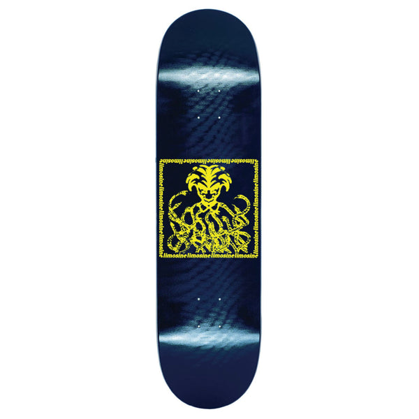 A Limosine skateboard deck with a blue surface and a central yellow digital print featuring an intricate design.