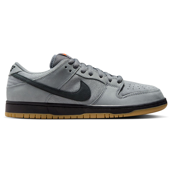 The nike SB Dunk Low Pro Cool Grey/Black features a cool grey upper, black swoosh, grey laces, and a gum sole—shown in side profile on a white background—ideal for fans of stylish skate shoes.