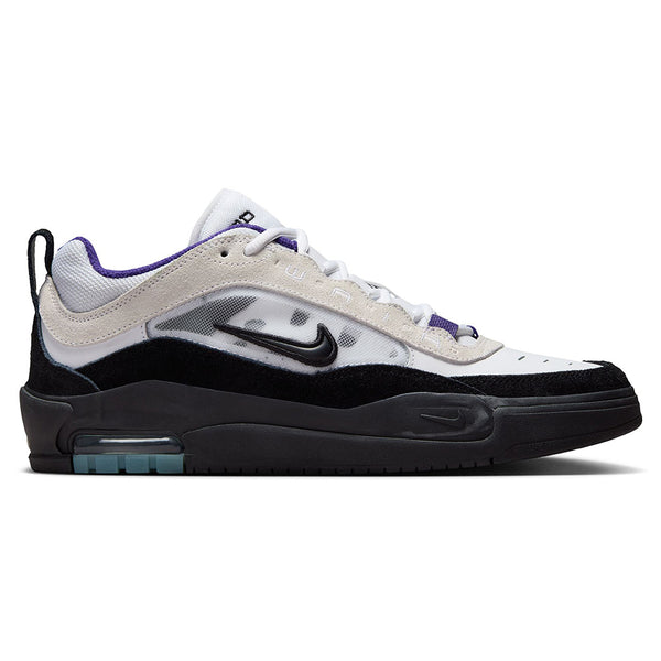 The NIKE SB ISHOD 2 AIR MAX in white, black, and court purple features a mesh upper, suede overlays, beige accents, black sole, and Nike swoosh—combining timeless style with modern skateboarding design.