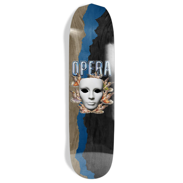 A skateboard crafted from North American Maple featuring a design with abstract elements and a white mask central, labeled "OPERA EXIT" in metallic lettering, set against a multicolored, textured background.