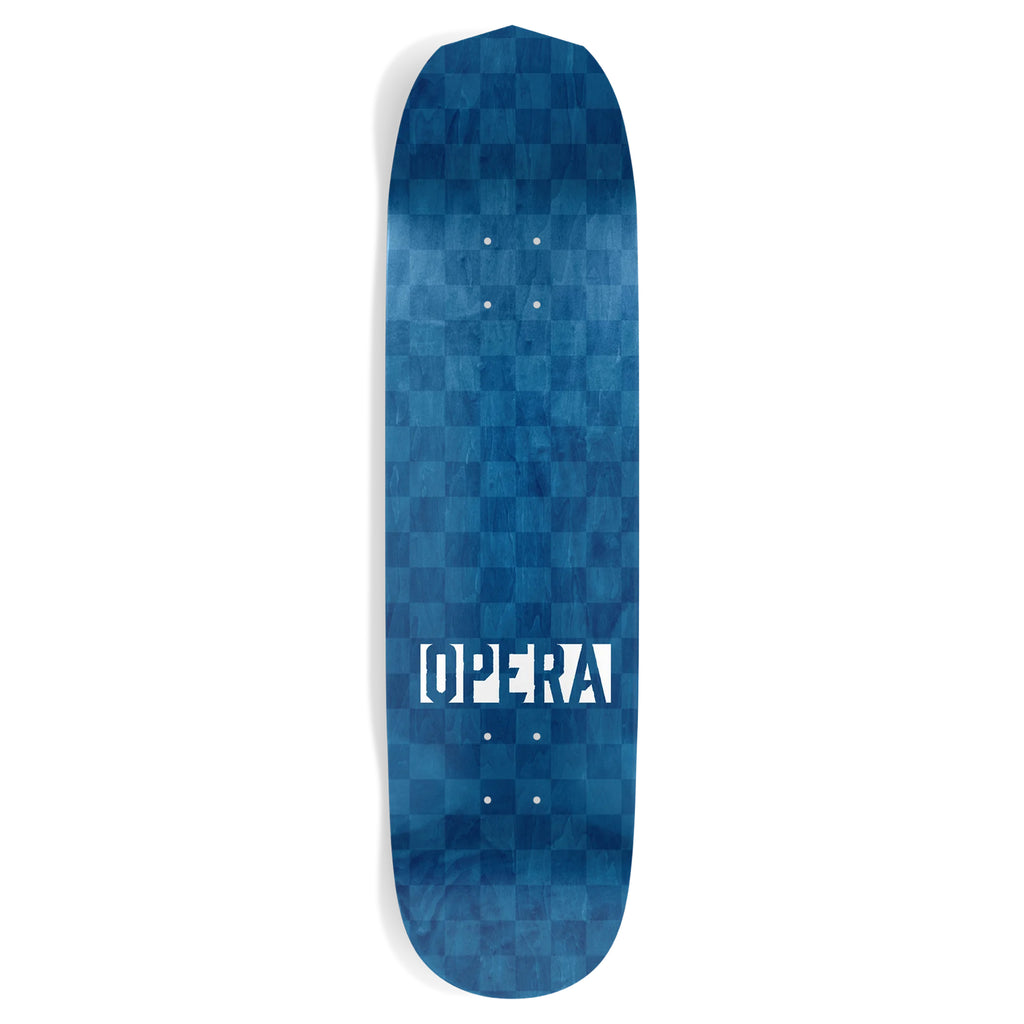 Blue OPERA skateboard deck with a mosaic design and the word "opera" printed in white across the center, crafted from North American Maple.