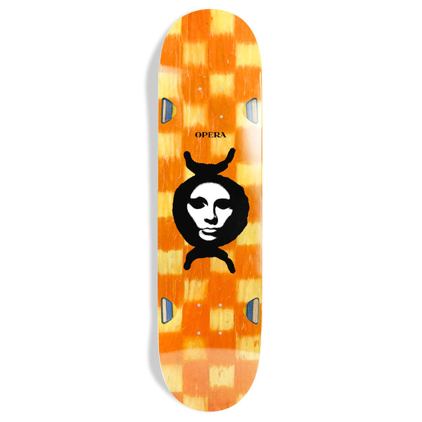 A skateboard deck crafted from North American Maple with an orange striped pattern and a black OPERA DYE MASK logo centered on it.