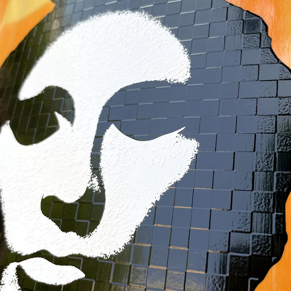 Close-up of a stylized, painted face with bold white outlines on a textured, OPERA Maple background.