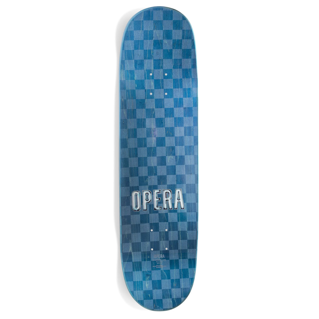 Blue skateboard deck crafted from North American Maple, featuring a geometric mosaic pattern and the word "OPERA" prominently displayed in the center.