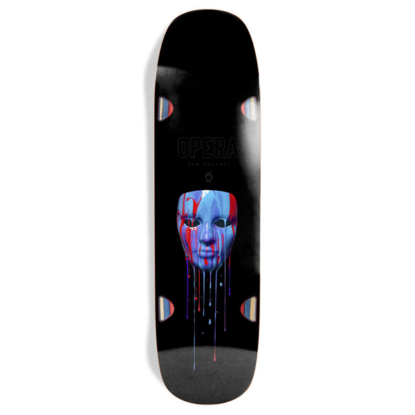 A OPERA skateboard featuring a graphic design of a stylized blue face with red and white accents and dripping paint, and the word "opera" at the top, enhanced with popsicle blue foil detail.