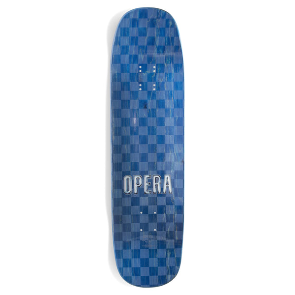 Blue mosaic pattern OPERA North American Maple skateboard deck with the word "opera" in the center.