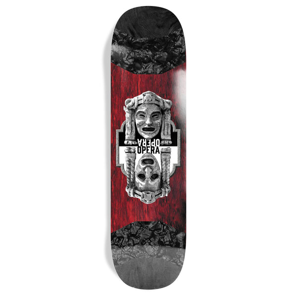 Skateboard deck crafted from North American Maple, featuring a dramatic black, white, and red design with a skull and theatrical masks, overlaid with the text "psycho opera".