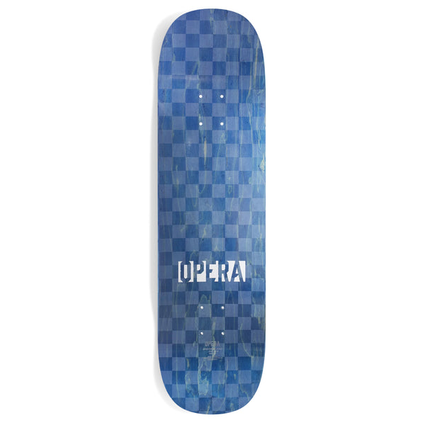 Blue mosaic-patterned skateboard deck crafted from North American Maple with the word "OPERA" written in white at the center.