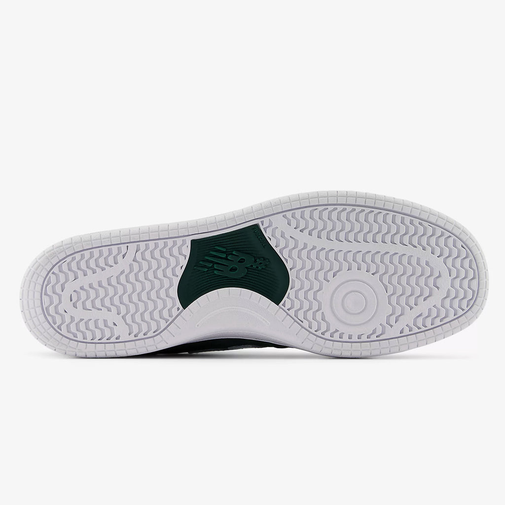 Sole of a sneaker with a herringbone pattern and an NB NUMERIC 480 FOREST GREEN / WHITE logo insert in the middle, displayed against a white background.